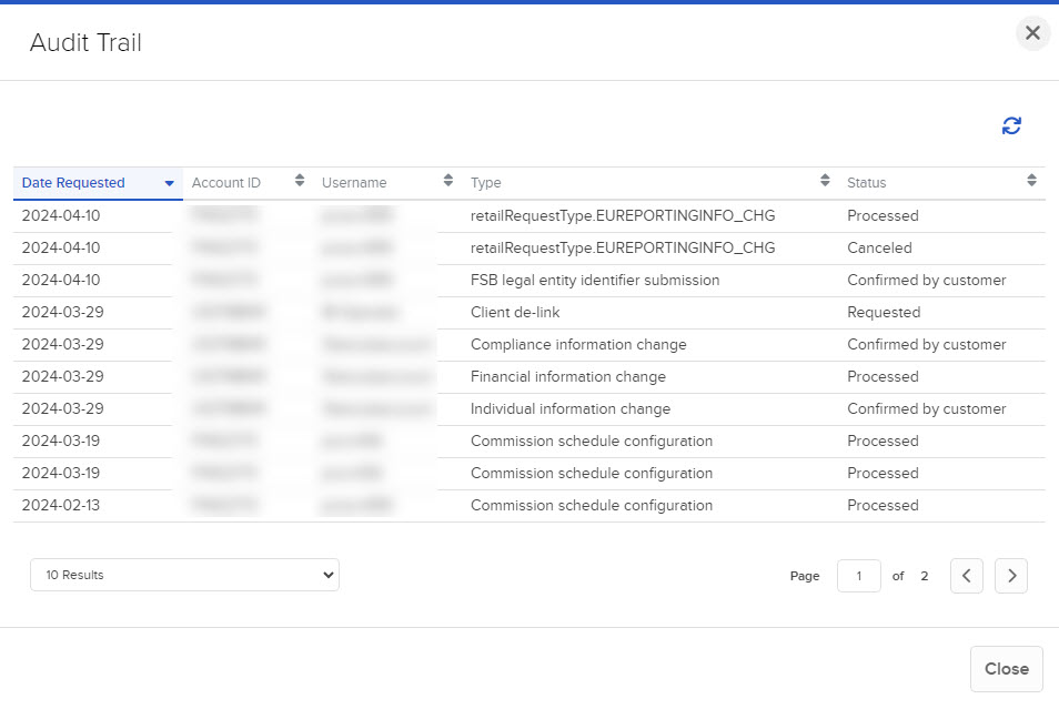 The audit trail panel in advisor portal. 